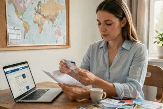 Femme tenant une carte européenne d'assurance maladie devant des documents de voyage à domicile