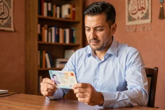 Homme marocain tenant une carte nationale d'identité marocaine dans un bureau à domicile