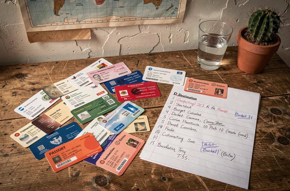 Cartes d'embarquement internationales et passeport sur un bureau avec notes de budget voyage
