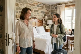 Hôte accueillant une voyageuse à l'entrée d'une chambre chez l'habitant en maison de campagne française