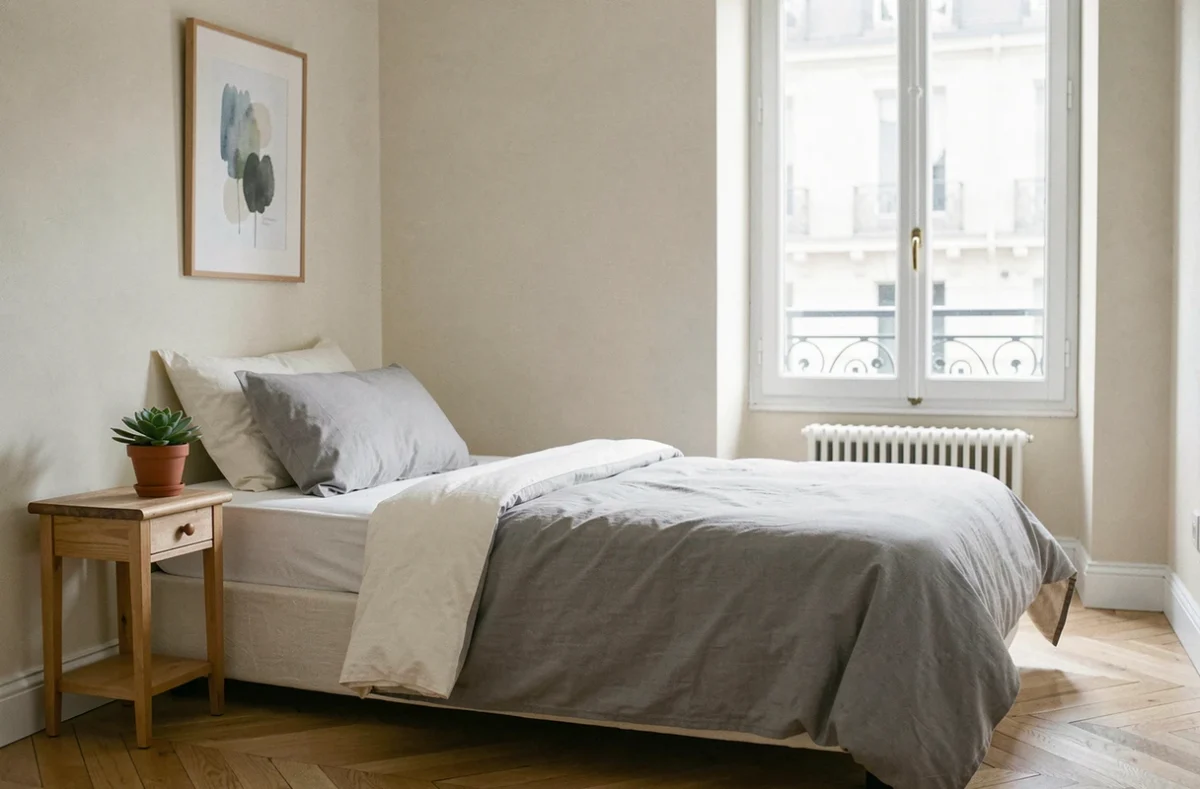 Chambre chez l'habitant propre et décorée dans un appartement parisien avec parquet et literie soignée