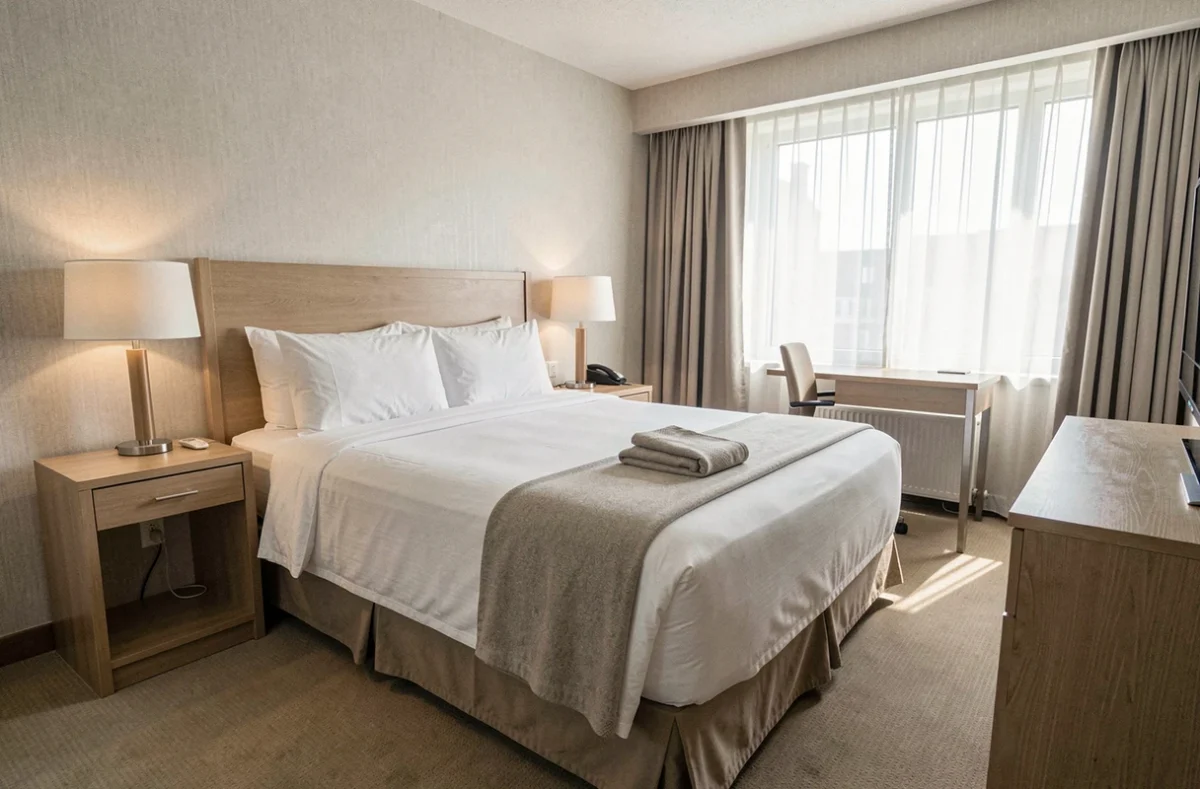 Chambre d'hôtel individuelle avec lit double représentant le concept de supplément chambre seule