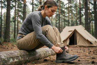 Femme qui lace ses chaussures de randonnée imperméables au camping en forêt