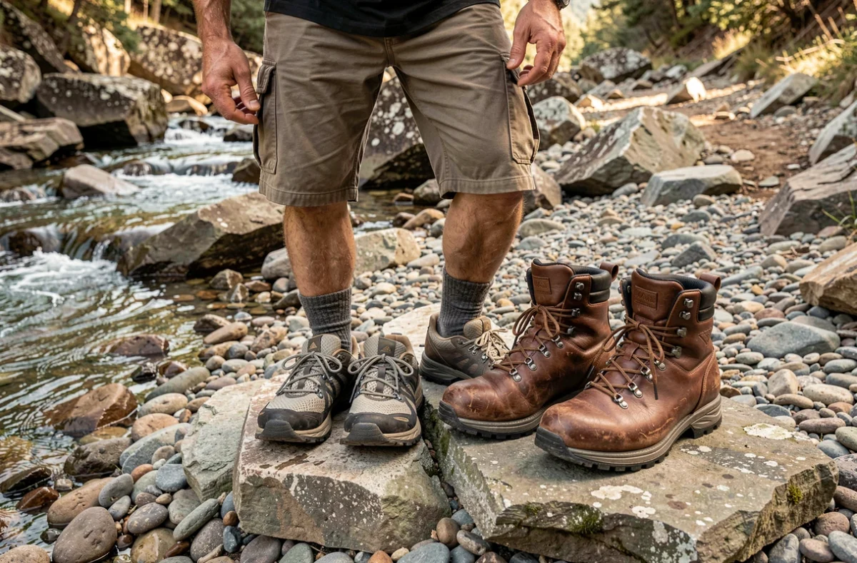 Comparaison entre chaussures de trail et boots de randonnée posées sur un rocher au bord de la rivière en camping