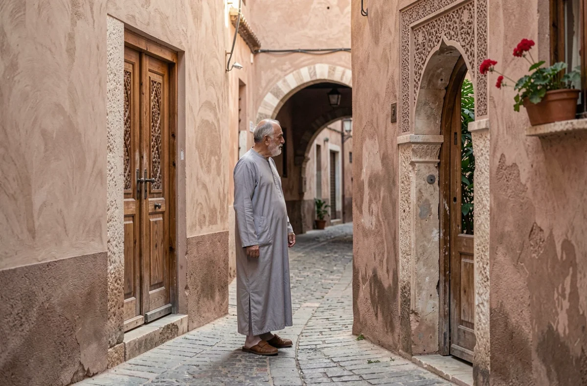 Homme en djellaba comparant les façades d'un dar et d'un riad dans une ruelle de la médina de Fès