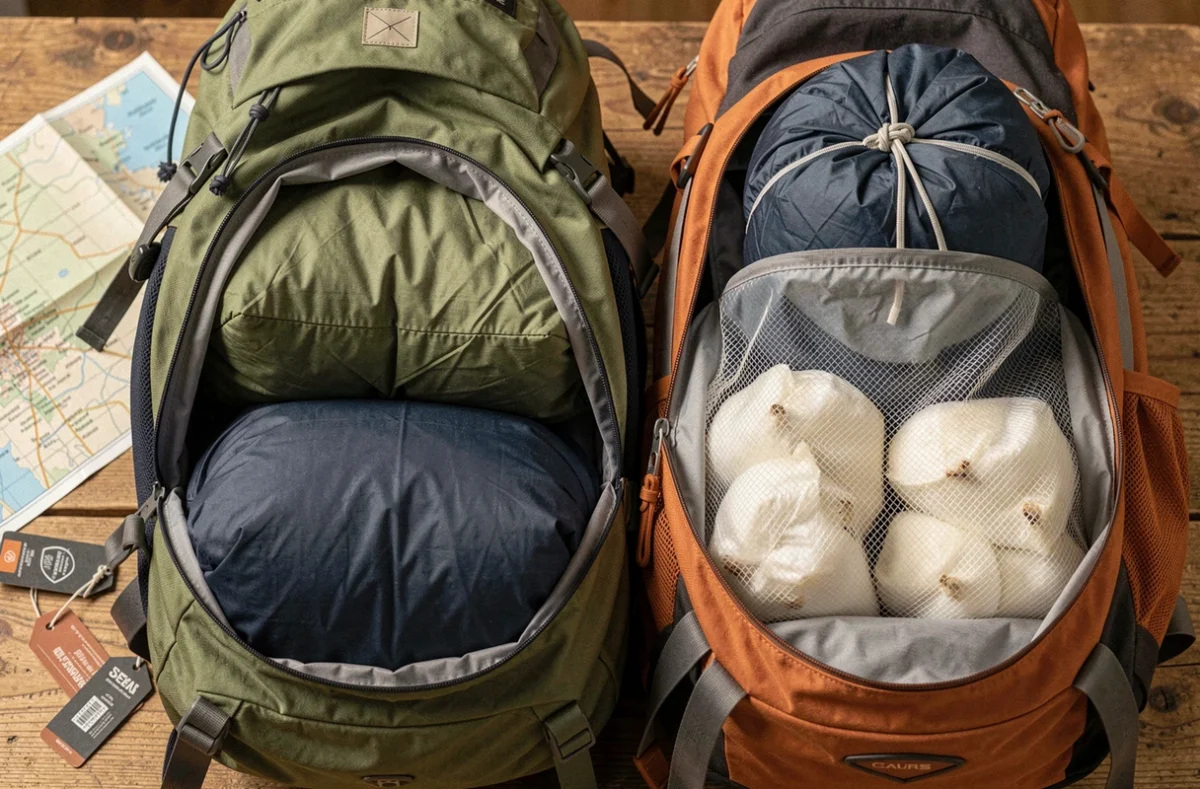 Comparaison de deux méthodes de rangement du duvet dans un sac à dos de randonnée, vue rapprochée sur une table en bois