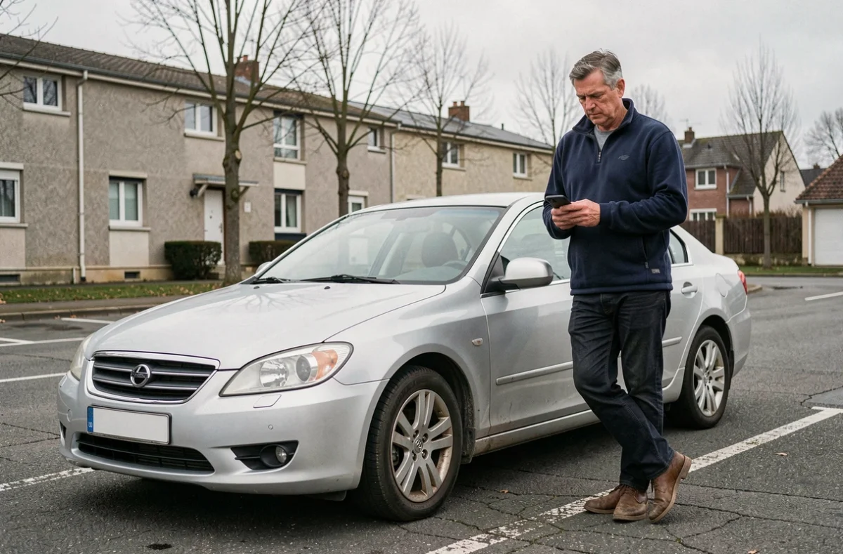 Conducteur de covoiturage debout près de sa voiture dans un parking de banlieue française