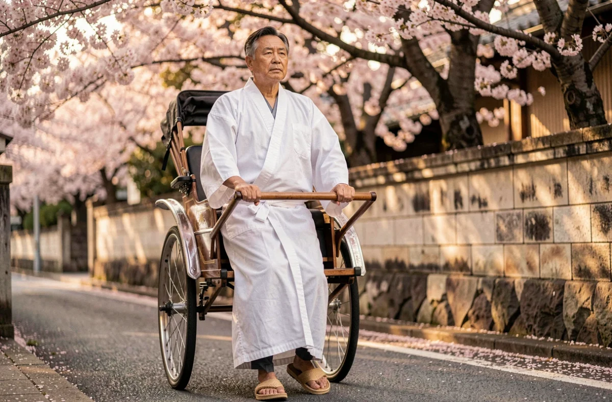 Conducteur de pousse-pousse japonais en tenue traditionnelle tenant les brancards d'un jinrikisha dans une allée bordée de cerisiers à Tokyo