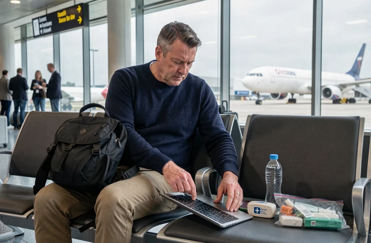 Homme vérifiant le contenu autorisé de son sac à dos en zone d'embarquement d'un aéroport