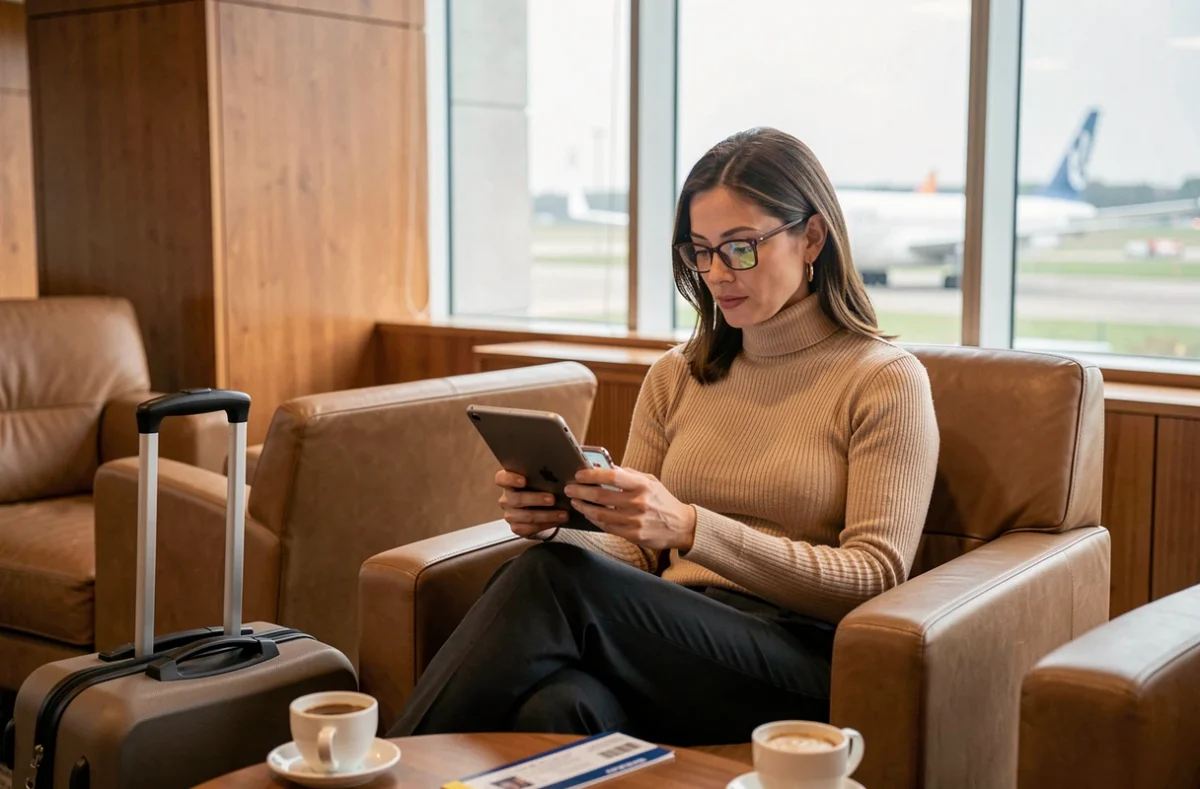 Coordinatrice de voyages professionnels gérant des déplacements depuis un salon d'aéroport avec tablette et smartphone