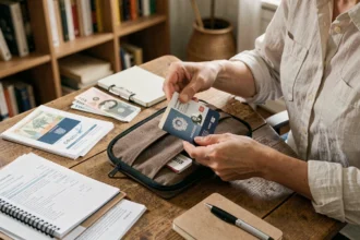Femme rangeant une copie de passeport dans un organisateur de voyage avant un départ