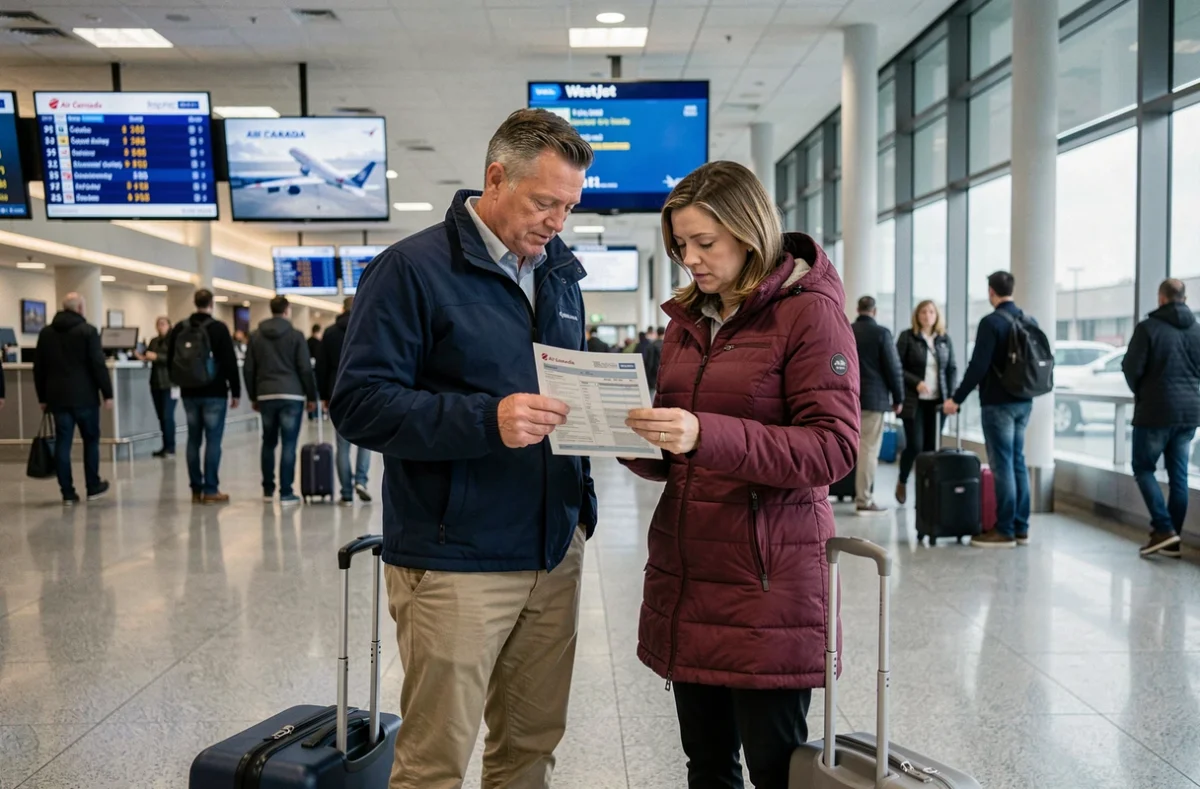 Couple à l'aéroport canadien tenant une confirmation d'assurance voyage avant leur départ