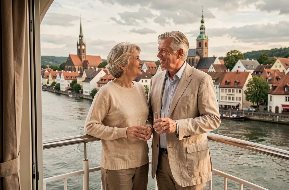 Couple de voyageurs sur le balcon d'une cabine Viking Cruises avec vue sur une ville européenne au bord du fleuve