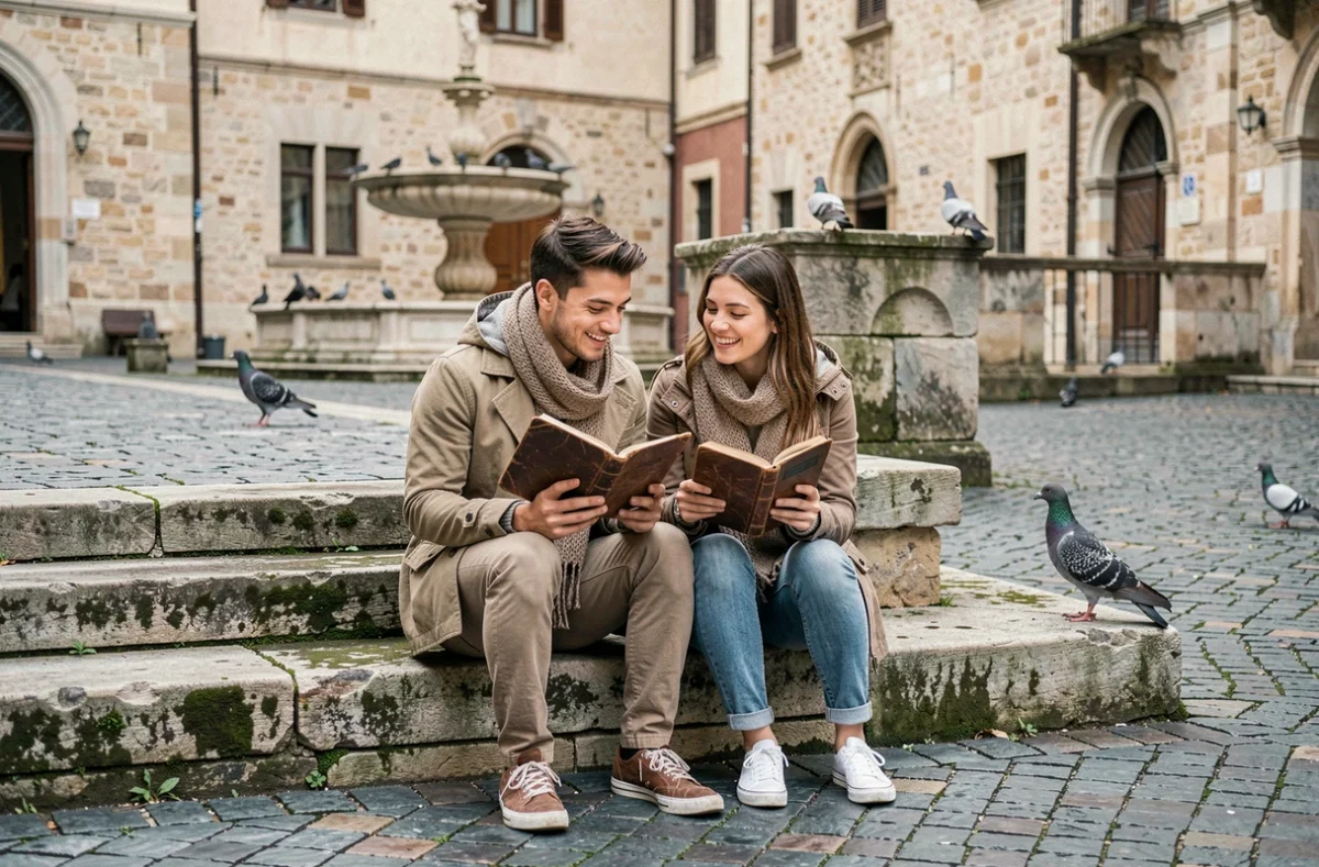 Couple de voyageurs assis sur des marches en pierre d'une place européenne historique, comparant leurs carnets de voyage pour un tour du monde