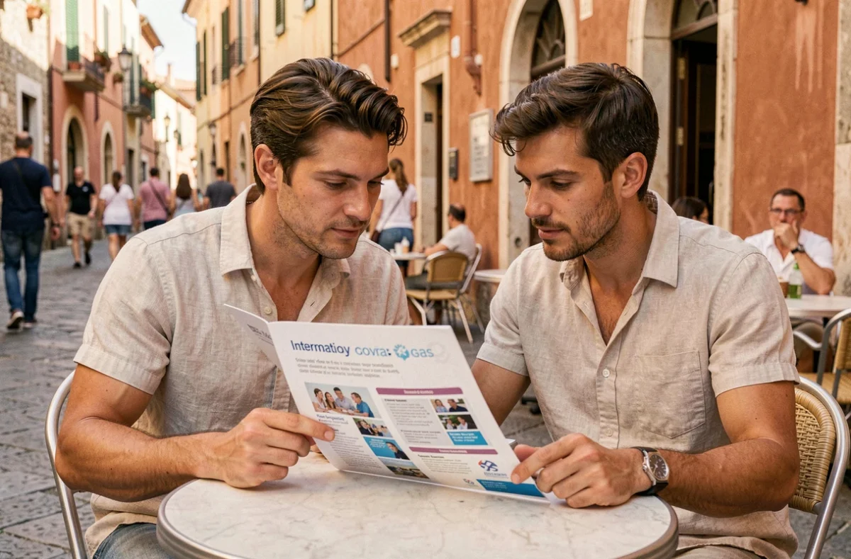 Couple d'expatriés étudiant une brochure sur la couverture sociale internationale en terrasse dans une ville méditerranéenne