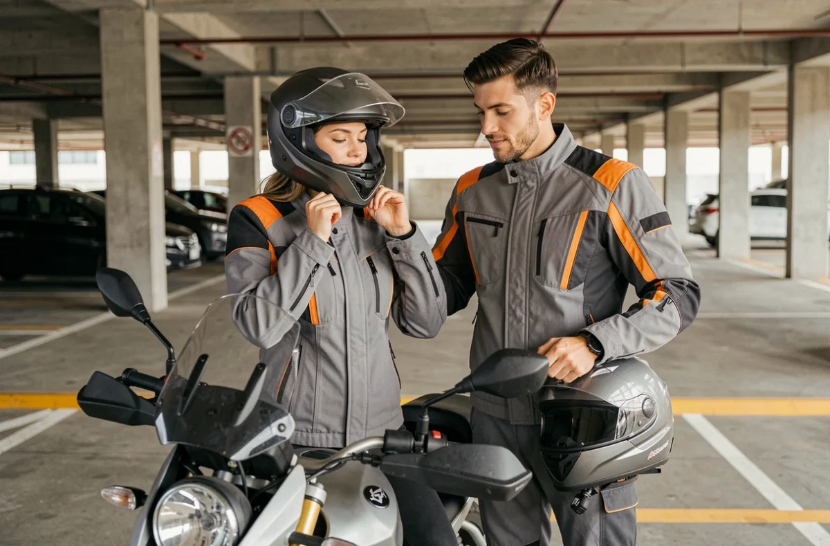 Couple équipé préparant un trajet en moto dans un parking urbain, passagère attachant son casque