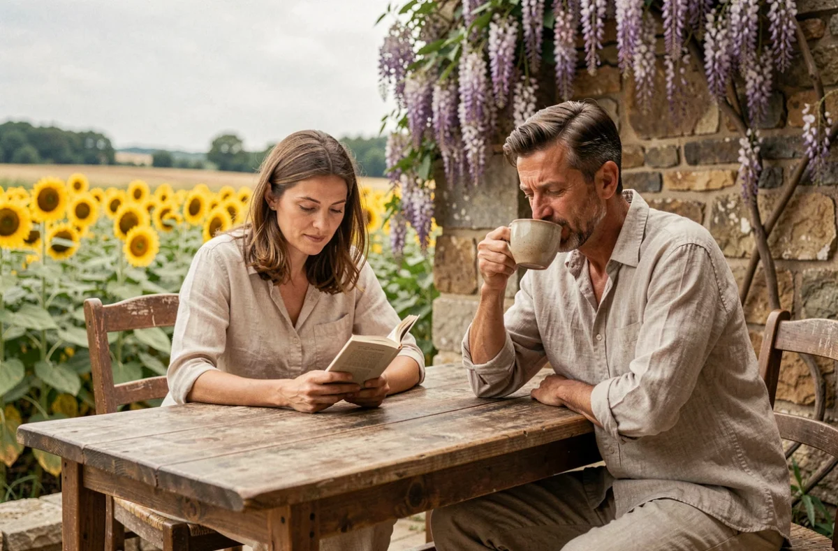 Couple en séjour dans un gîte rural profitant de la terrasse en pleine campagne