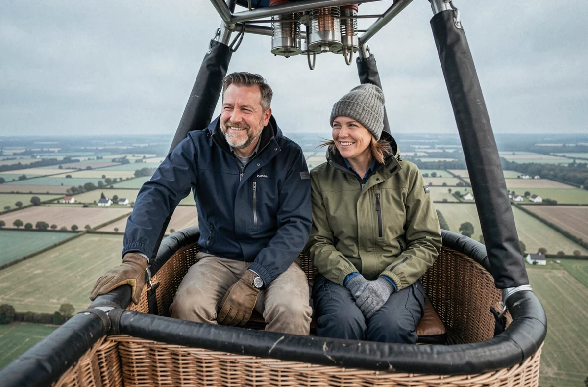 Couple en tenue adaptée dans le panier d'une montgolfière au-dessus de la campagne