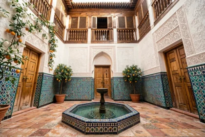 Cour intérieure d'un dar traditionnel marocain avec fontaine en mosaïque zellige et murs en stuc sculpté dans la médina