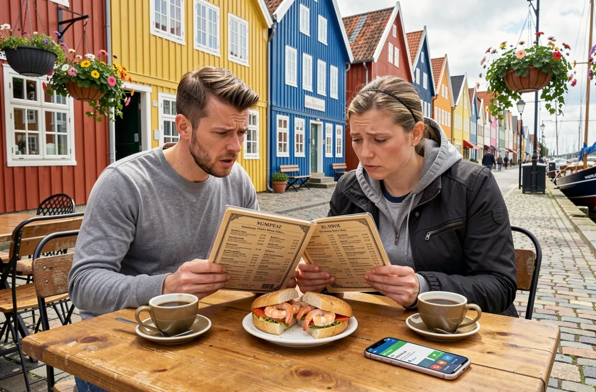 Couple de touristes consultant les prix du menu dans un café du port de Bergen en Norvège, symbole du coût de la vie élevé