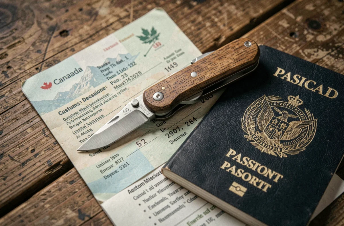 Couteau de poche sur passeport canadien et formulaire de déclaration douanière