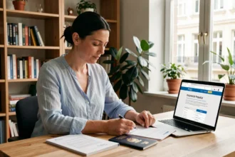 Femme expatriée consultant des documents d'assurance maladie internationale depuis son bureau à domicile à l'étranger