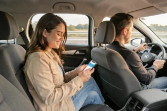 Passagère souriante dans une voiture de covoiturage consultant une application mobile sur smartphone