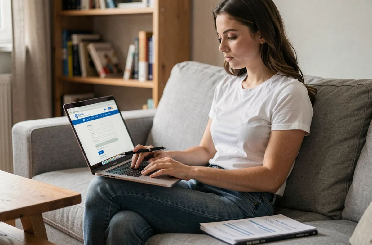 Jeune femme effectuant une demande de visa touristique en ligne sur son ordinateur portable avec son passeport