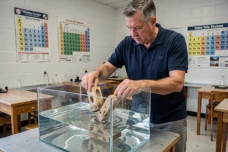 Professeur de sciences démontrant les principes de flottaison et de naufrage avec des objets dans un bac à eau en classe
