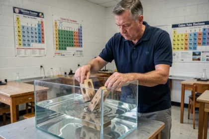 Professeur de sciences démontrant les principes de flottaison et de naufrage avec des objets dans un bac à eau en classe