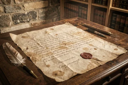 Document officiel manuscrit du XIXe siècle représentant la dette d'indépendance d'Haïti, posé sur une table en acajou avec des plumes et un sceau de cire