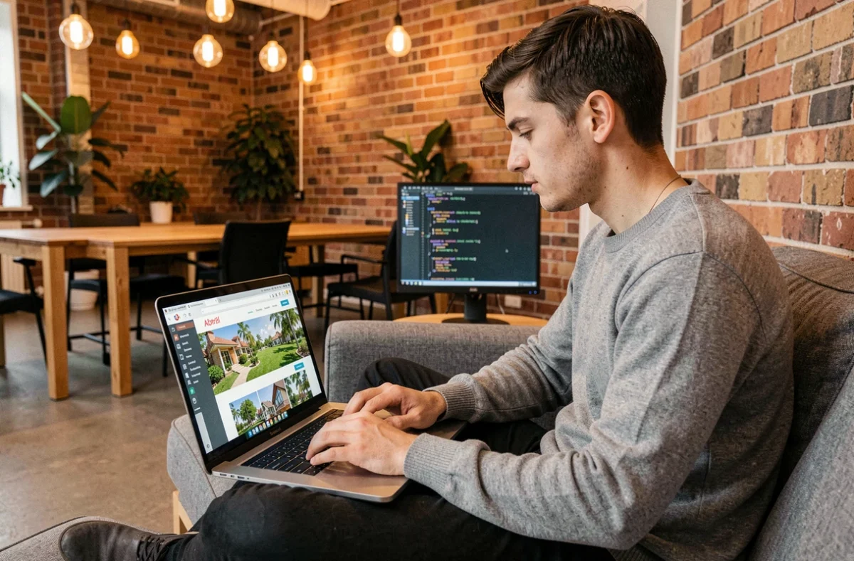 Développeur informatique dans un espace de coworking travaillant sur l'interface de la plateforme de location Abritel
