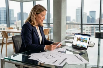 Cadre dirigeant féminin dans un bureau moderne consultant des documents liés à une plateforme de location de vacances Abritel