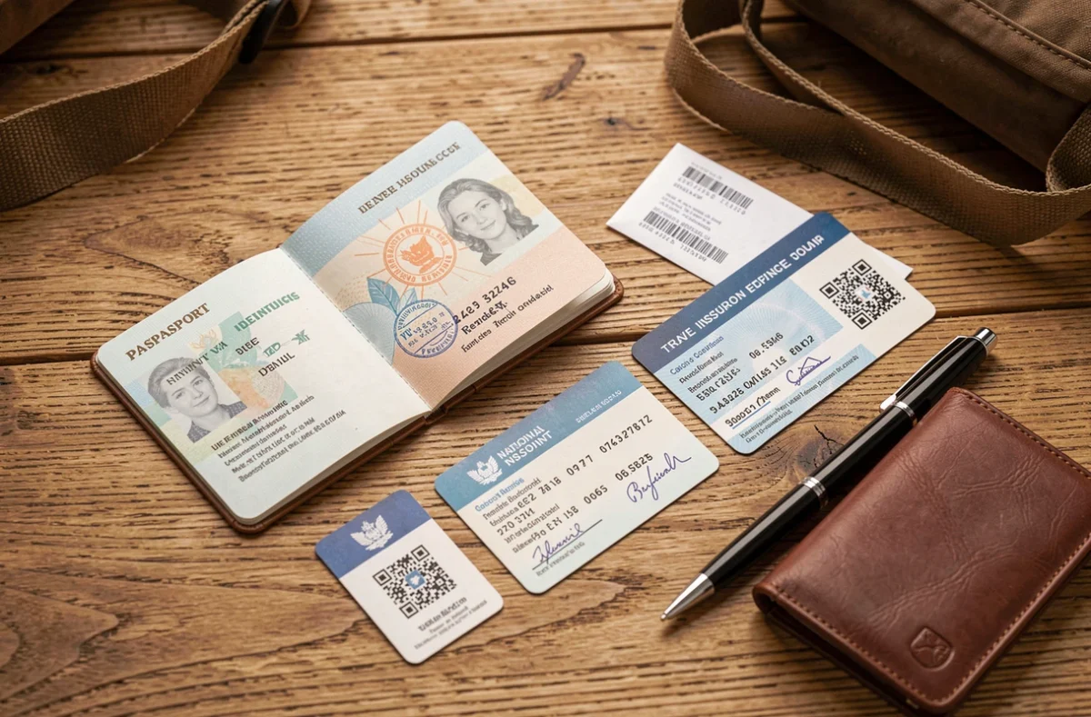 Vue de dessus des documents obligatoires pour prendre l'avion : passeport, carte d'identité, carte d'embarquement et assurance voyage