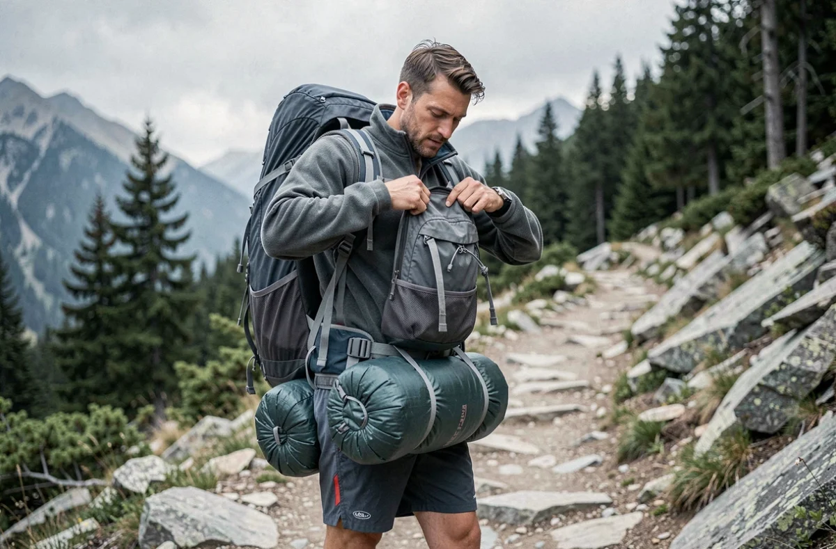 Randonneur ajustant son sac à dos chargé avec un duvet attaché sous le compartiment principal au départ d'un sentier de montagne