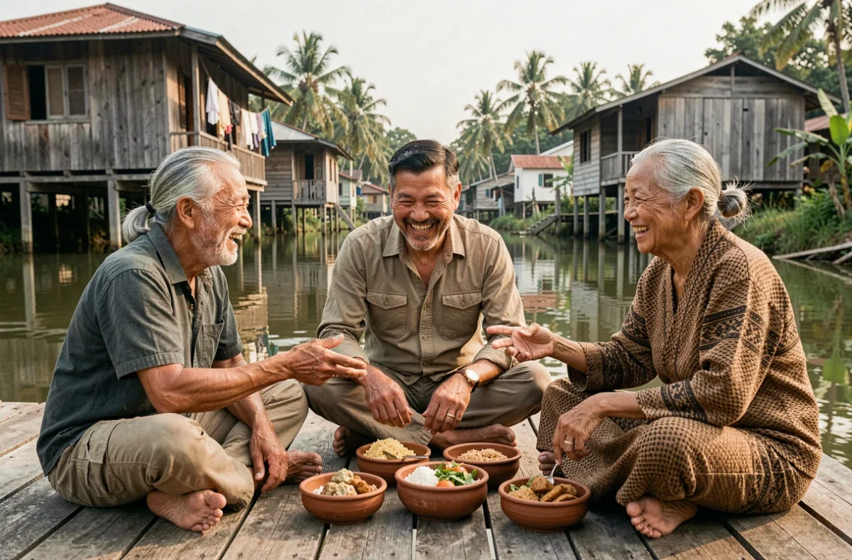Voyageur partageant un repas avec des habitants locaux, illustrant les valeurs d'échange culturel et de connexion humaine