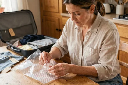 Femme emballant un objet fragile en verre dans du papier bulle avant de le mettre dans une valise