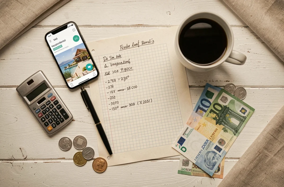 Vue aérienne d'une calculatrice, smartphone et billets pour estimer le prix par nuit par personne