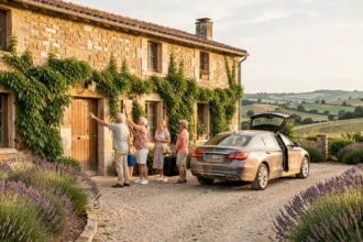 Famille multigénérationnelle arrivant dans un gîte en pierre à la campagne française