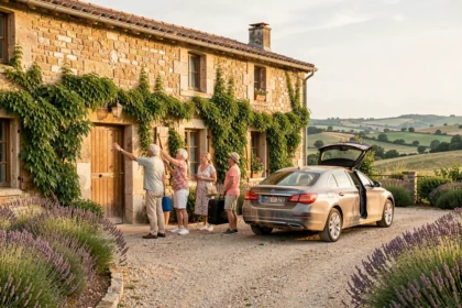 Famille multigénérationnelle arrivant dans un gîte en pierre à la campagne française