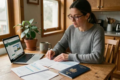 Femme consultant des documents d'assurance voyage avec un passeport canadien sur une table en bois