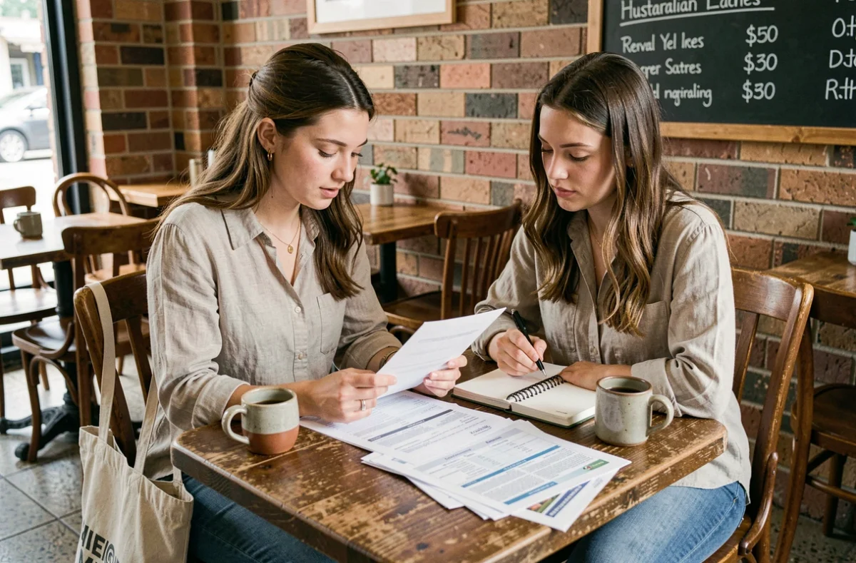 Jeune femme australienne consultant des annonces immobilières abordables dans un café de Perth avec un budget écrit dans un carnet