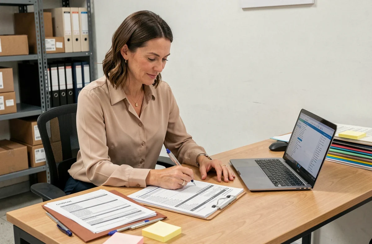 Femme professionnelle remplissant un formulaire de déclaration en douane dans un bureau logistique