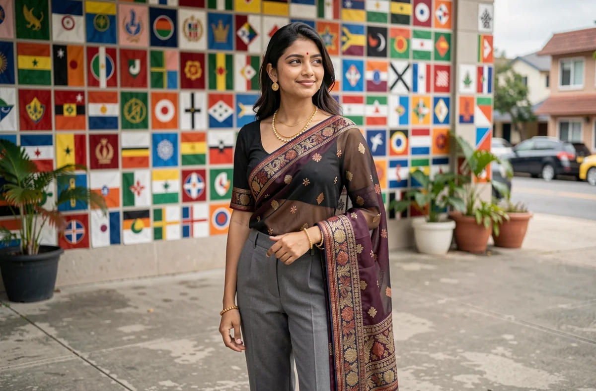 Jeune femme d'origine mixte posant devant une mosaïque colorée de drapeaux du monde symbolisant la diversité culturelle