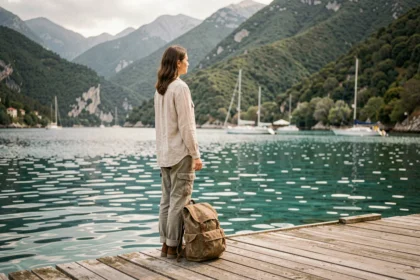 Femme de dos sur un ponton en bois contemplant une baie turquoise entourée de montagnes verdoyantes, symbolisant le désir de voyager autour du monde