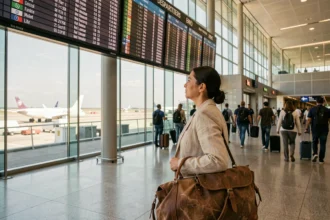 Femme consultant un tableau des départs dans un aéroport international pour trouver le vol le moins cher