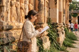 Femme explorant les reliefs sculptés d'un temple antique lors d'une visite de tourisme culturel