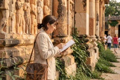 Femme explorant les reliefs sculptés d'un temple antique lors d'une visite de tourisme culturel