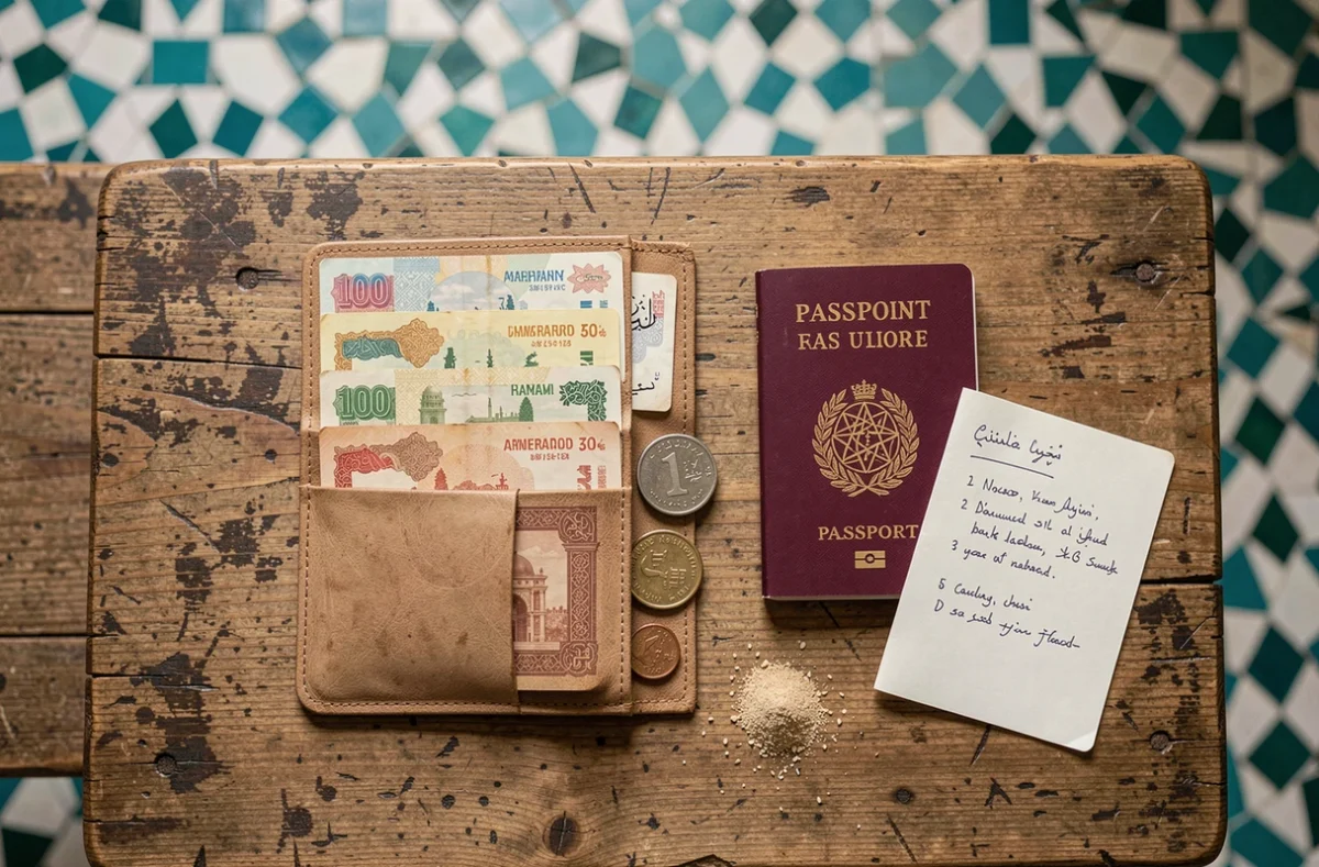 Flat lay d'un portefeuille de voyage ouvert avec des billets de dirhams marocains, des pièces et un passeport sur fond de zellige marocain