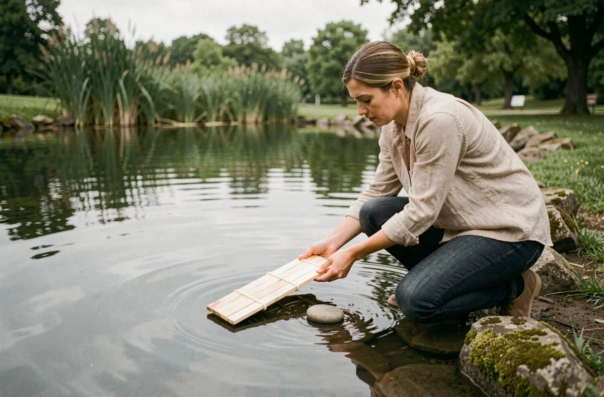 Femme observant la flottaison d'un radeau en bois et le naufrage d'une pierre dans un étang naturel